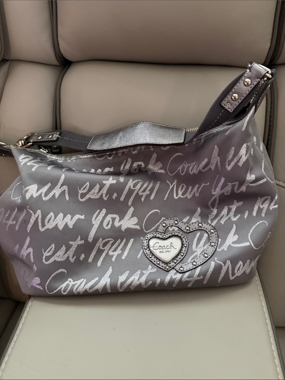 Coach Silver Script Heart Logo Shoulder Bag